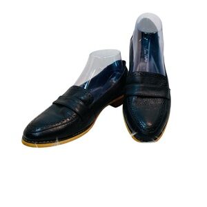 Mona Flying Women's Black Leather Penny Loafer Slip-On Flats Sz-9